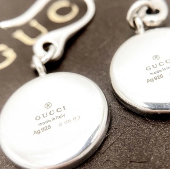 Auth GUCCI Signature Logo Round Tag Sterling Sliver Drop Earrings/New Gorgeous - Picture 6 of 7